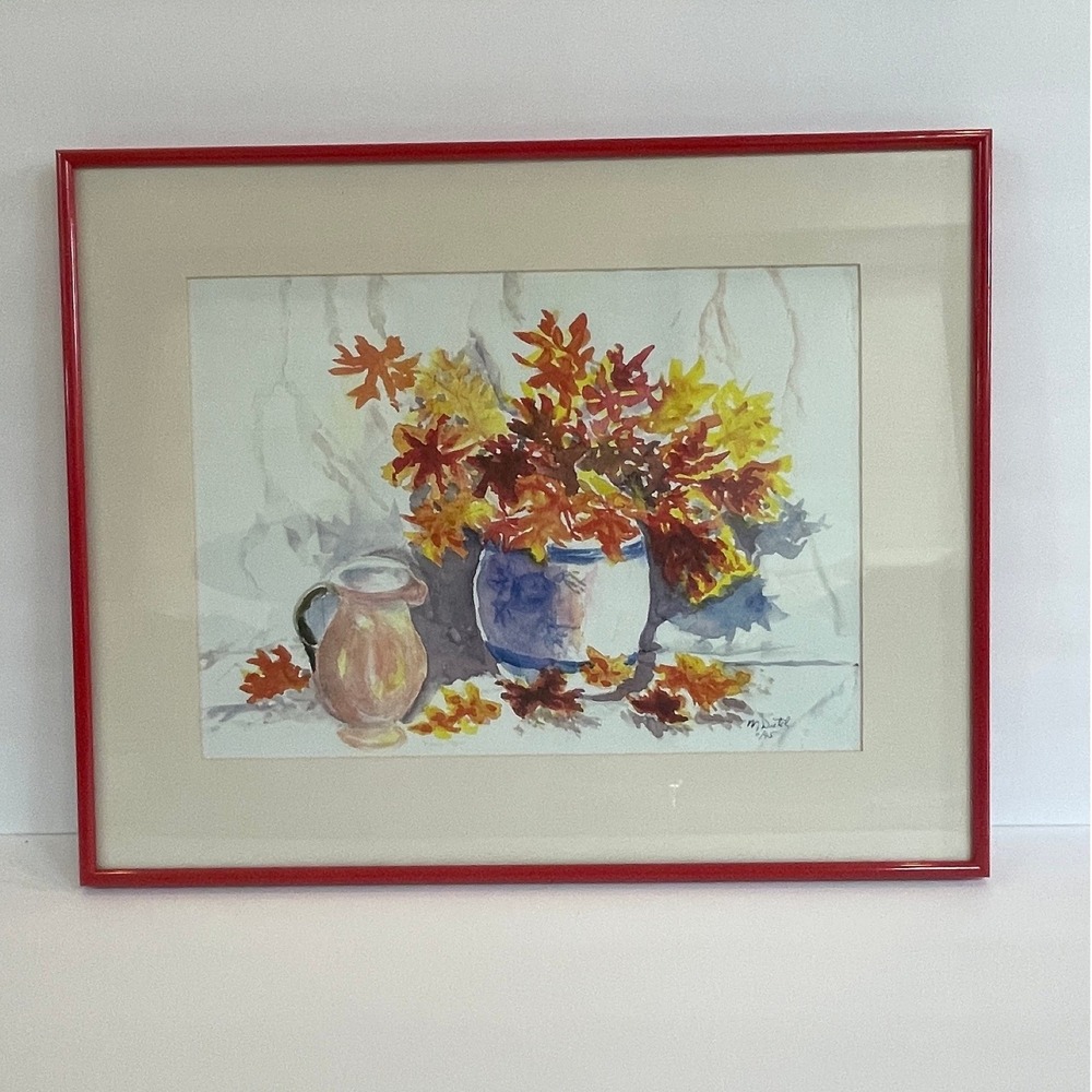 Vintage Original Autumn Still Life Watercolor Painting Framed Fall Leaves Signed